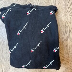 VTG Champion‎ Mens Small Reverse Weave Black All Over Print Hooded Sweatshirt